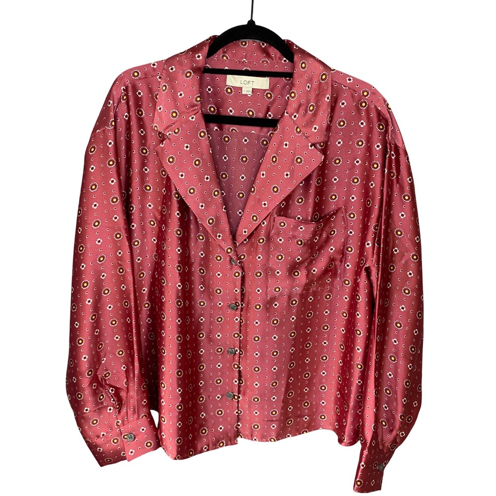 LOFT Womens Berry Red Geometric Floral Satin Notch Collar Button Down Blouse L
